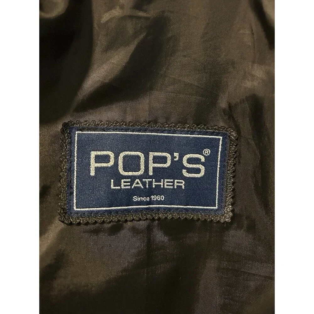 Vtg Pops Black Soft Leather Jacket Full Zip Blue Stitching Unisex Medium Large - Picture 8 of 12